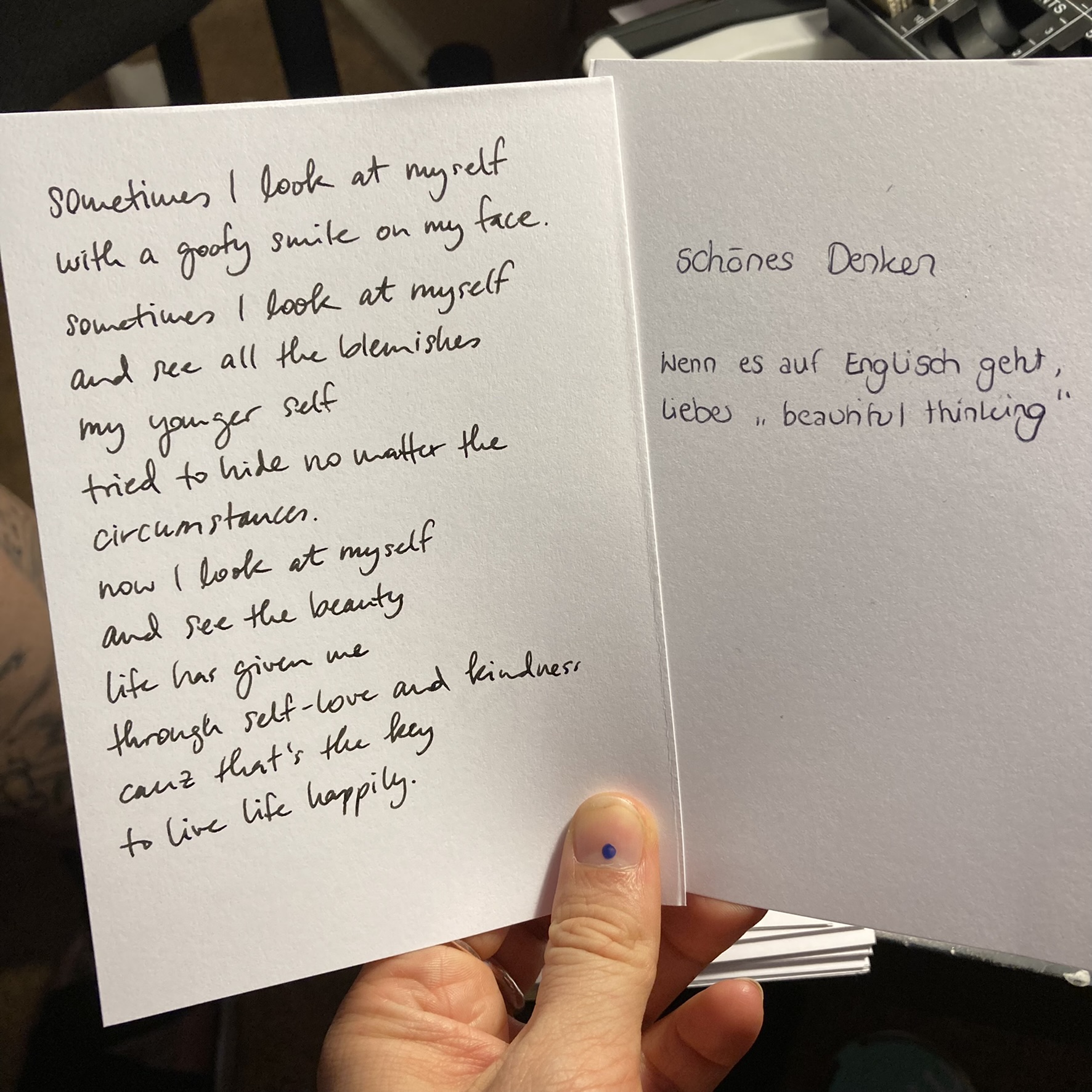 a poem about "beautiful thinking", handwritten of one of the poets from the Poetomat